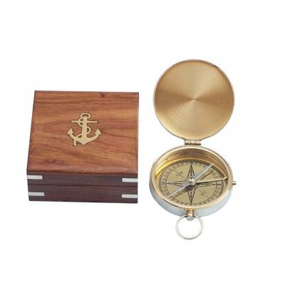 4" Solid Brass Gentlemen's Pocket Compass With Rosewood Box